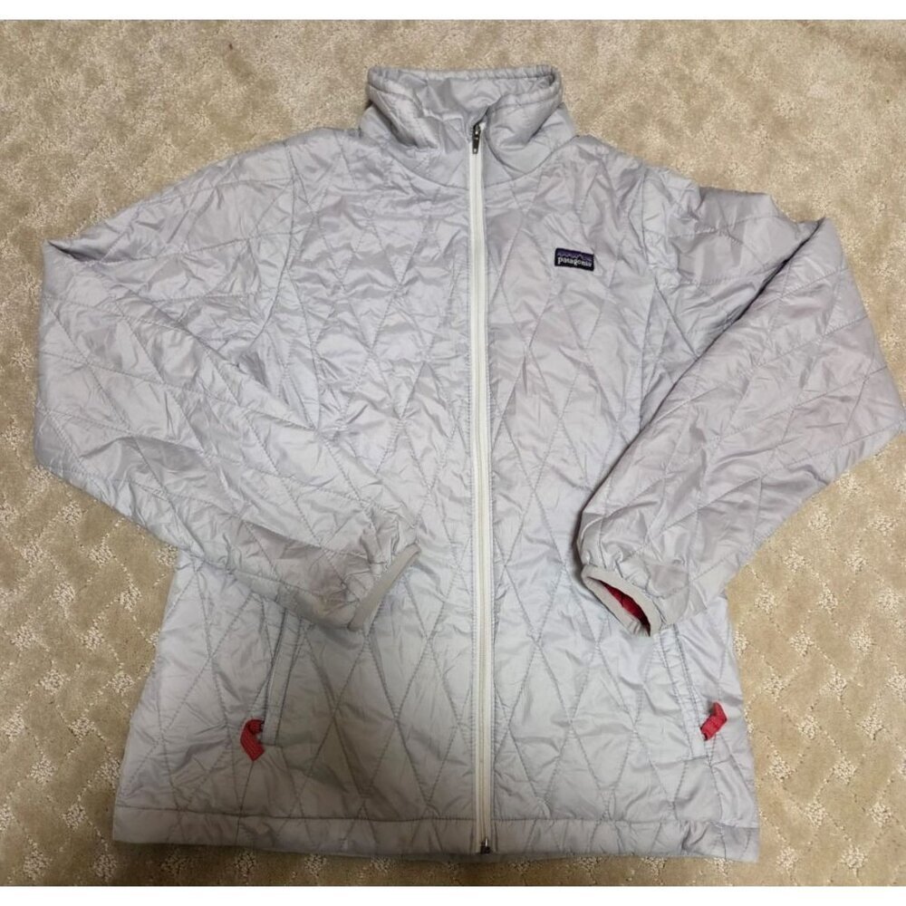 Patagonia Jacket Kids XL (14) Girls Grey Diamond Quilted Pink Lining Full Zip